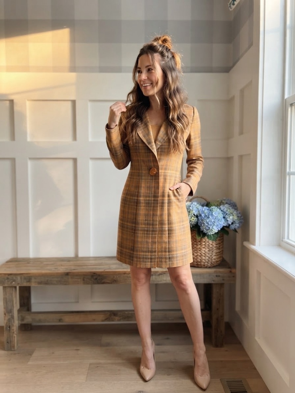 Vintage Tailored Plaid Mini Dress and Coat in Mustard Small